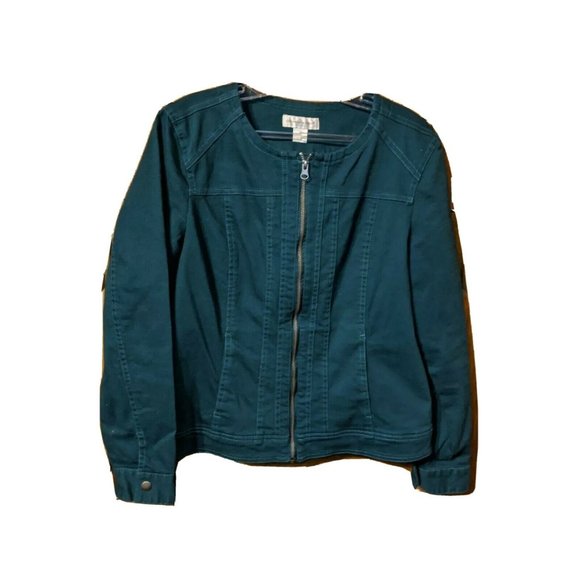 CJ Banks Size M Jacket Teal Green Embroidered Fish Zip Up Medium Christopher - Picture 1 of 6